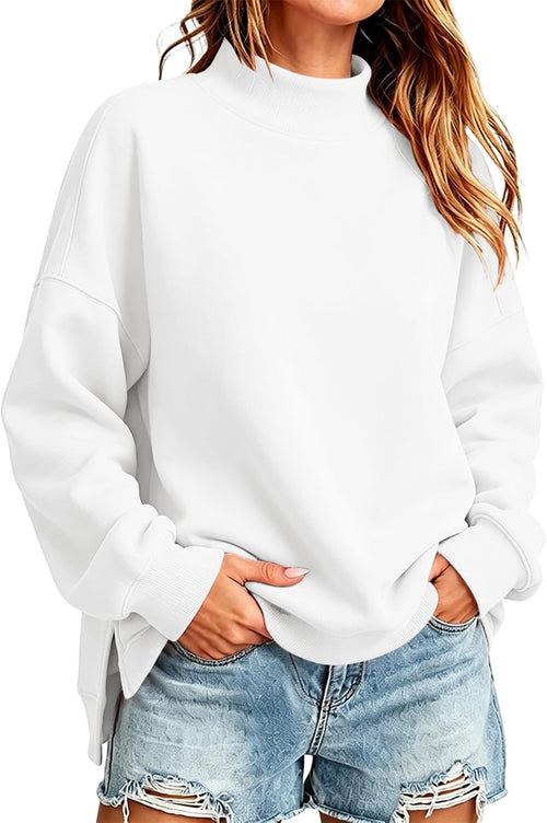 White oversized mock neck sweatshirt with side splits