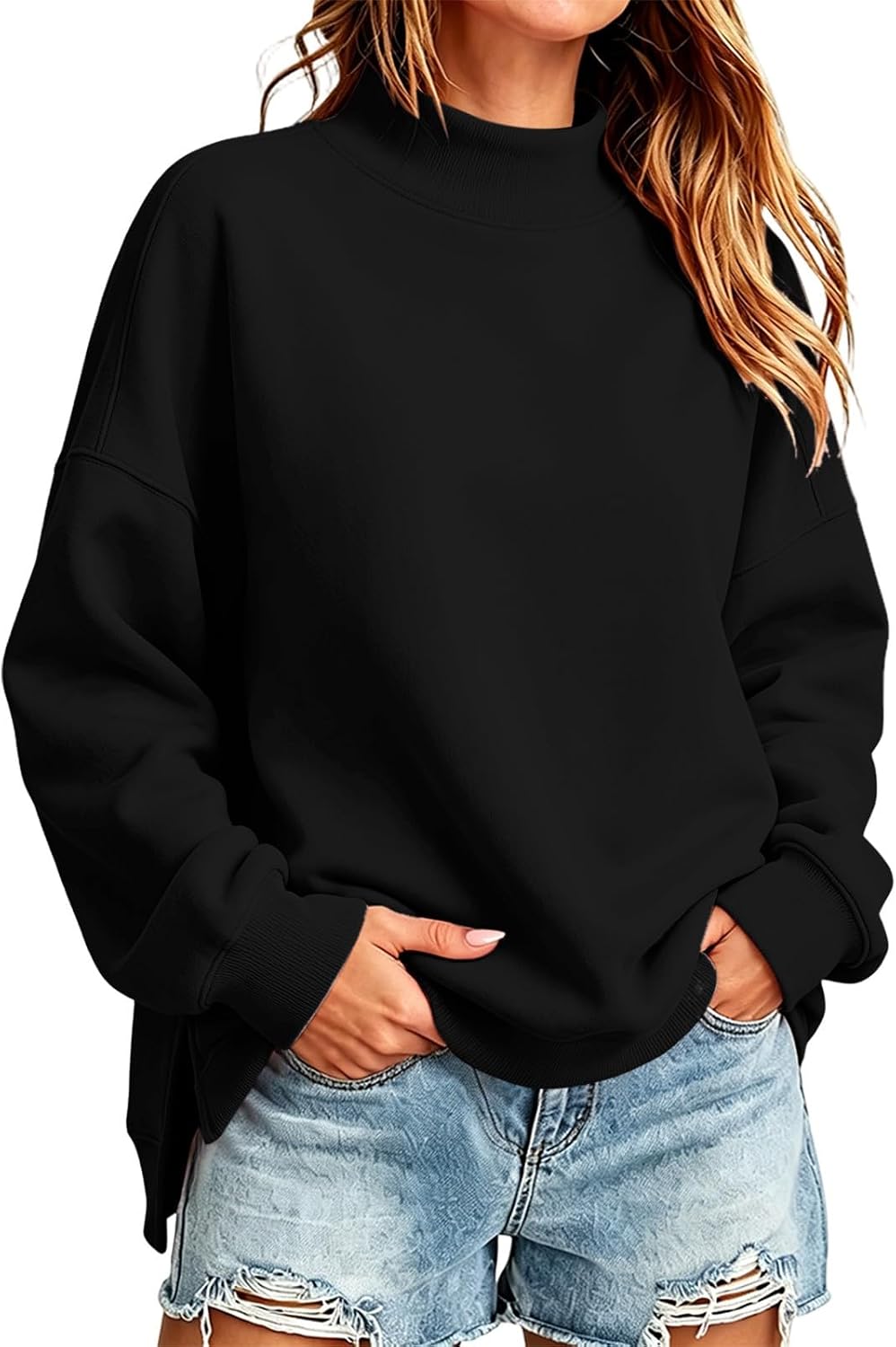 Womens Oversized Mock Neck Sweatshirt Side Split Clothes | Pullover Long Sleeve Turtleneck Fleece Sweatshirts Plus Size Solid Color Soft Fall Winter Lounge Going Out Daily Outfits