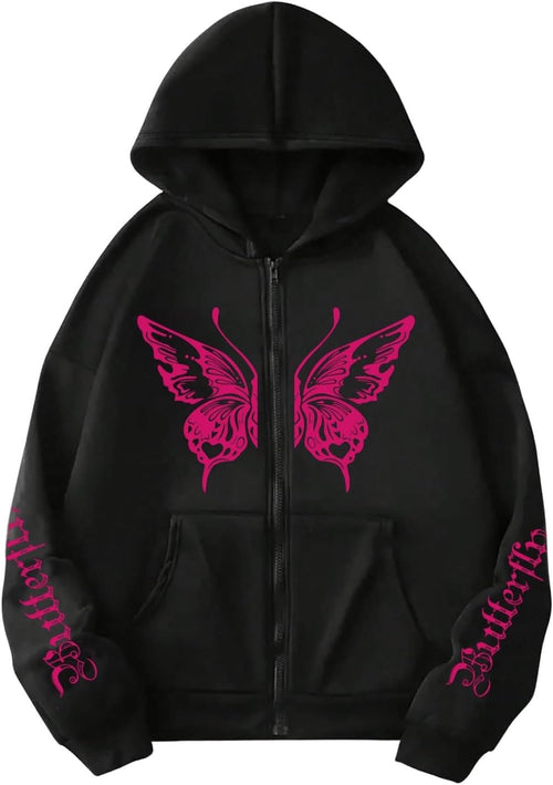 Floerns Women's Plus Size Butterfly Graphic Zip Up Hoodies Long Sleeve Hooded Jackets