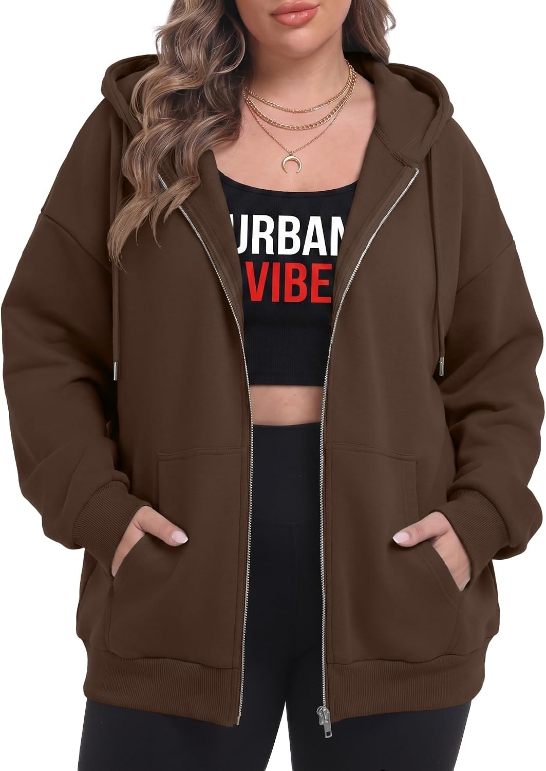 OLRIK Women's Plus Size Zip Up Hoodie 2026 Fall Jacket Casual Sweatshirt | 60% Cotton, Thick Fabric, Lightweight Fleece-Lined, Cozy Oversized Jacket, Drop Shoulder, Kangaroo Pockets, Machine Washable