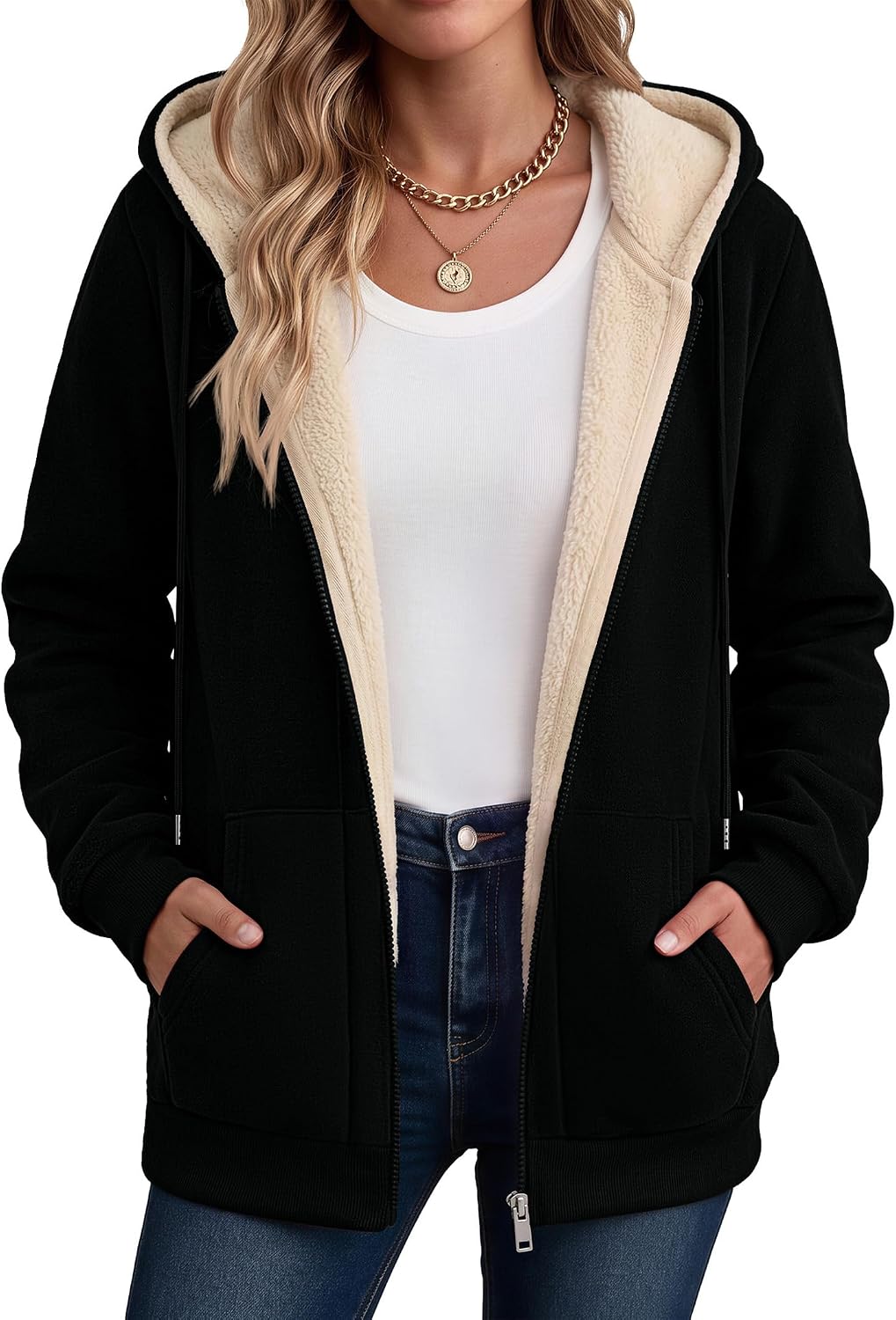 Zeagoo Women Sherpa Fleece Jacket Zip Up Thick Warm Hoodie Fall Winter Coat | Comfy Fleece Lined,Long Sleeve Full-Zip Jacket,Drawstring Hooded, Kangaroo Pocket,Casual Winter Outerwear Coat