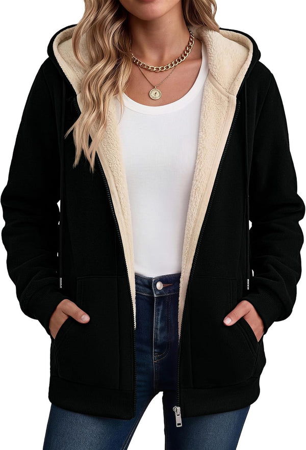 Black sherpa-lined zip-up hooded jacket
