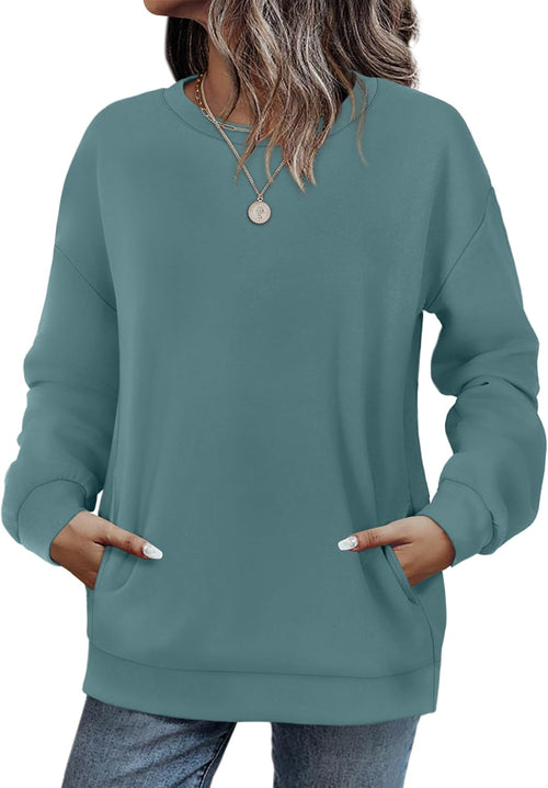 Cadet blue crewneck sweatshirt with front pockets