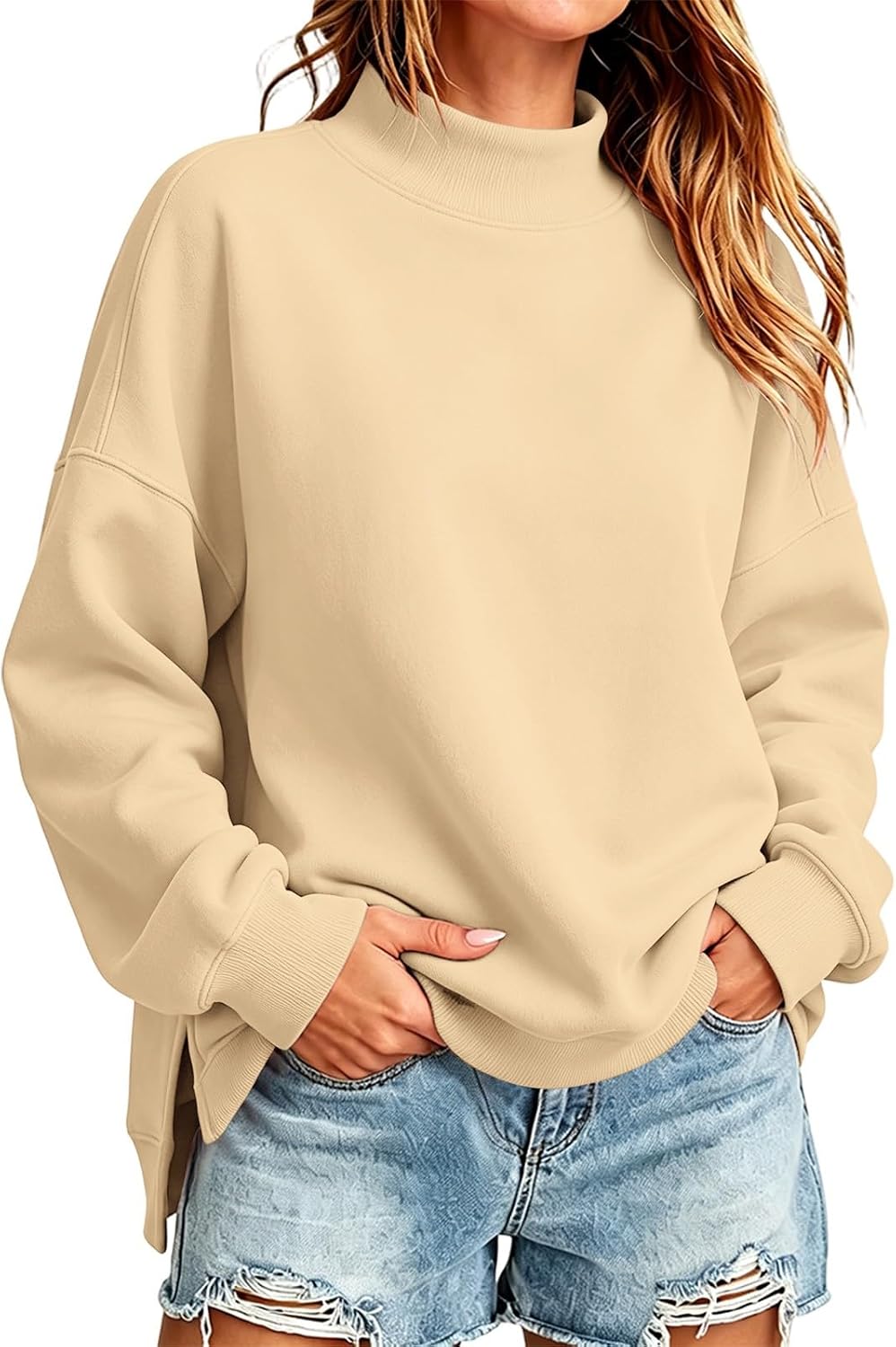 Womens Oversized Mock Neck Sweatshirt Side Split Clothes | Pullover Long Sleeve Turtleneck Fleece Sweatshirts Plus Size Solid Color Soft Fall Winter Lounge Going Out Daily Outfits