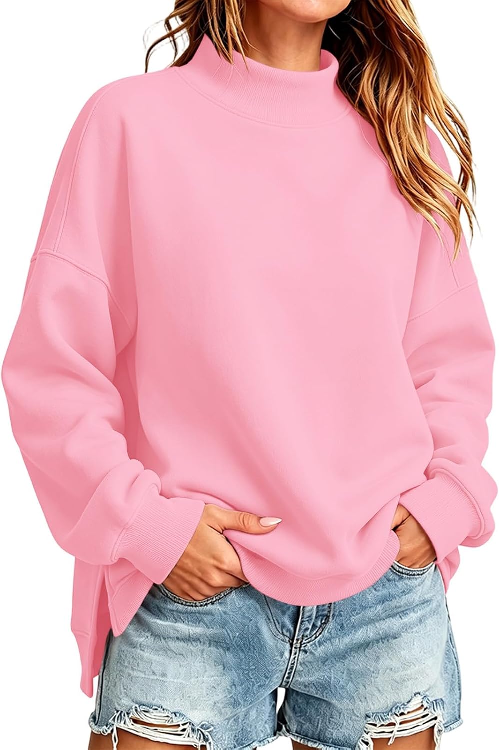 Womens Oversized Mock Neck Sweatshirt Side Split Clothes | Pullover Long Sleeve Turtleneck Fleece Sweatshirts Plus Size Solid Color Soft Fall Winter Lounge Going Out Daily Outfits