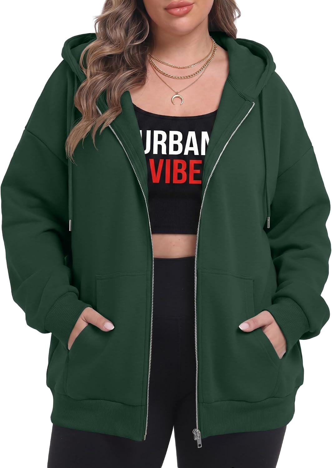 OLRIK Women's Plus Size Zip Up Hoodie 2026 Fall Jacket Casual Sweatshirt | 60% Cotton, Thick Fabric, Lightweight Fleece-Lined, Cozy Oversized Jacket, Drop Shoulder, Kangaroo Pockets, Machine Washable