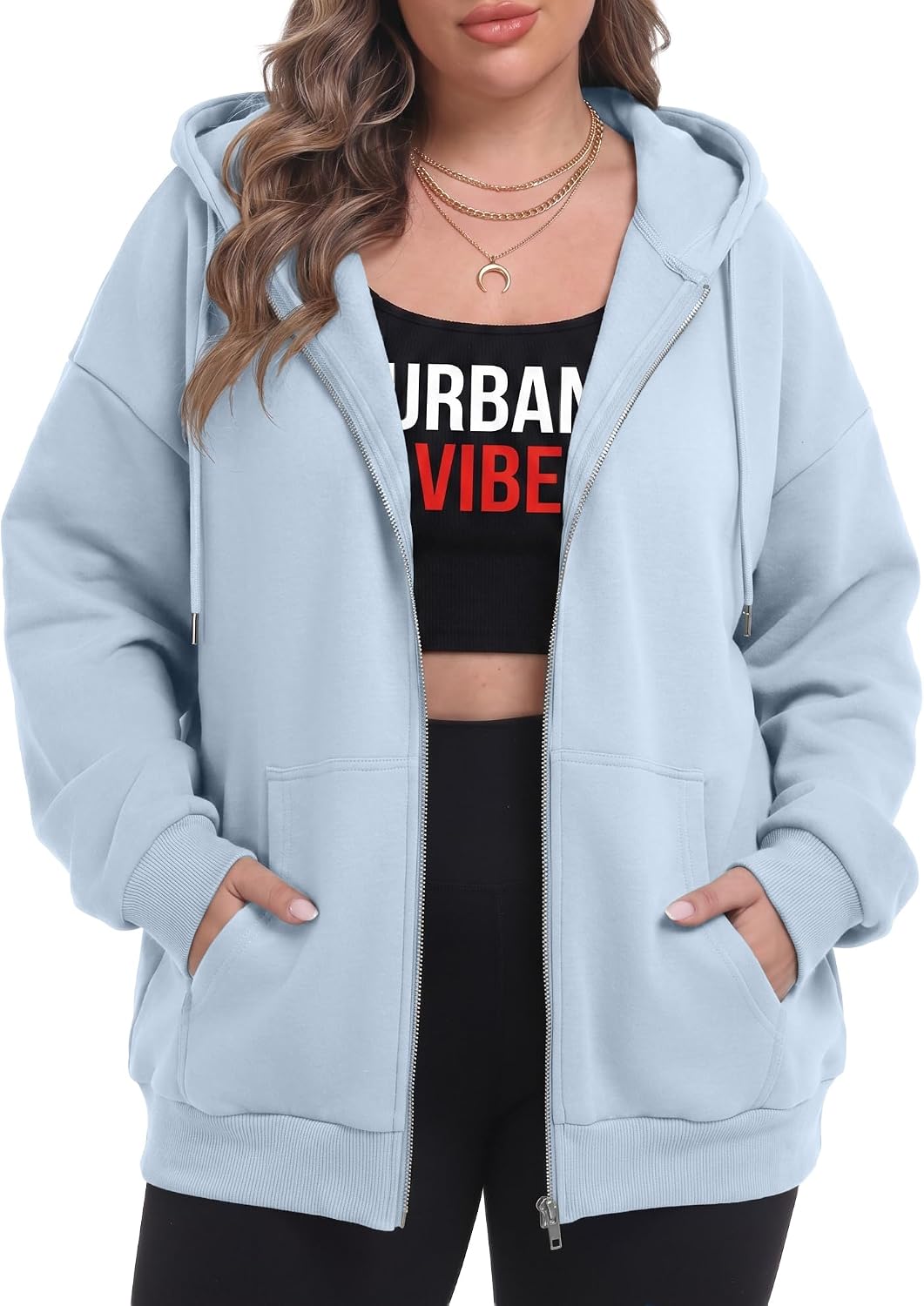 OLRIK Women's Plus Size Zip Up Hoodie 2026 Fall Jacket Casual Sweatshirt | 60% Cotton, Thick Fabric, Lightweight Fleece-Lined, Cozy Oversized Jacket, Drop Shoulder, Kangaroo Pockets, Machine Washable