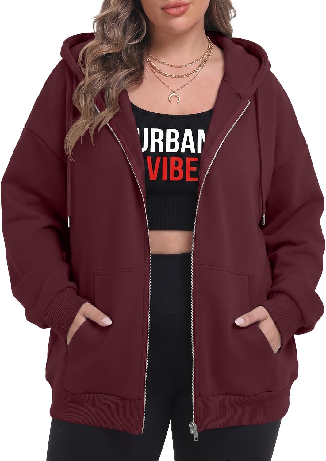 OLRIK Women's Plus Size Zip Up Hoodie 2026 Fall Jacket Casual Sweatshirt | 60% Cotton, Thick Fabric, Lightweight Fleece-Lined, Cozy Oversized Jacket, Drop Shoulder, Kangaroo Pockets, Machine Washable
