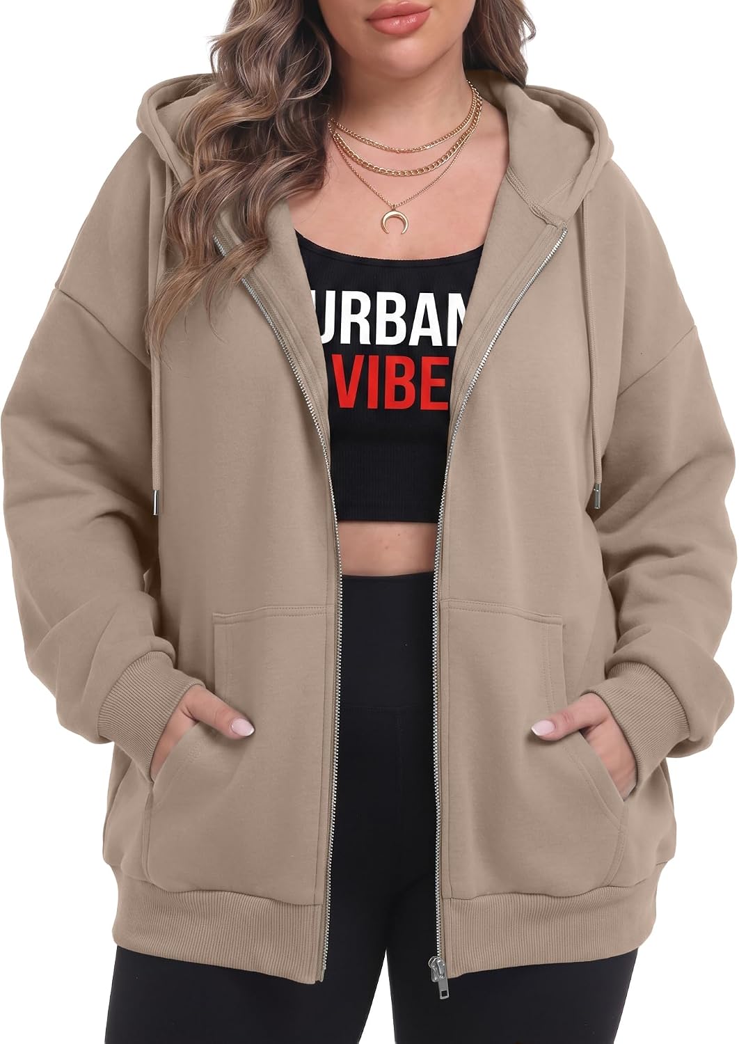 OLRIK Women's Plus Size Zip Up Hoodie 2026 Fall Jacket Casual Sweatshirt | 60% Cotton, Thick Fabric, Lightweight Fleece-Lined, Cozy Oversized Jacket, Drop Shoulder, Kangaroo Pockets, Machine Washable