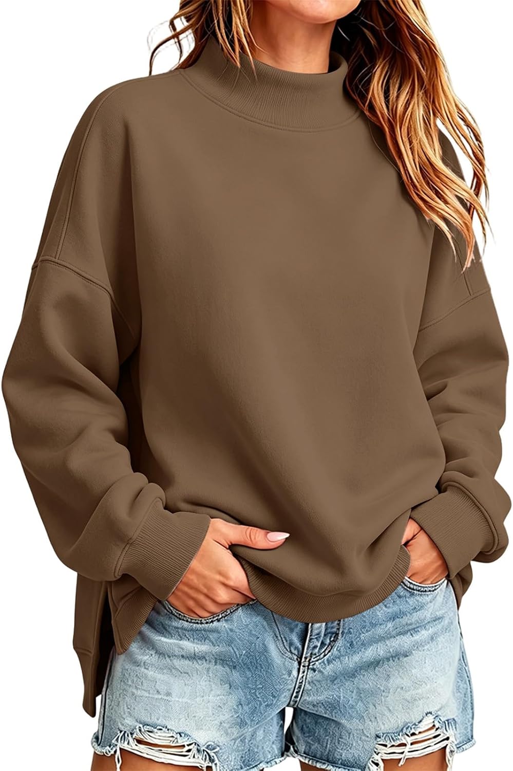 Womens Oversized Mock Neck Sweatshirt Side Split Clothes | Pullover Long Sleeve Turtleneck Fleece Sweatshirts Plus Size Solid Color Soft Fall Winter Lounge Going Out Daily Outfits