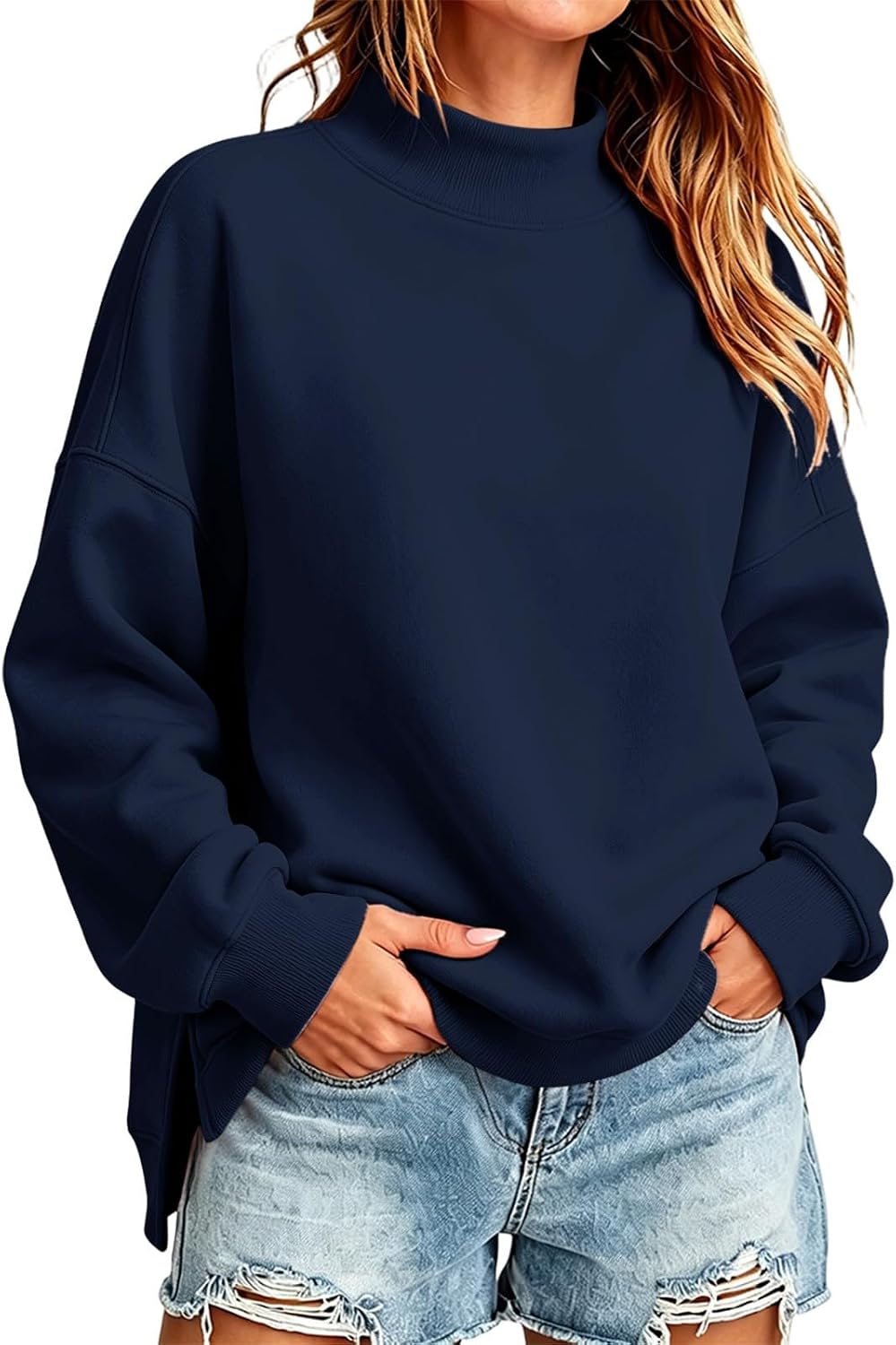 Womens Oversized Mock Neck Sweatshirt Side Split Clothes | Pullover Long Sleeve Turtleneck Fleece Sweatshirts Plus Size Solid Color Soft Fall Winter Lounge Going Out Daily Outfits