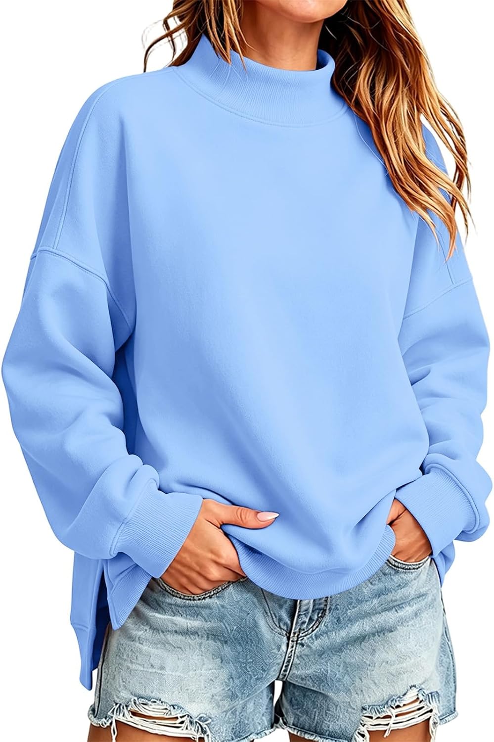 Womens Oversized Mock Neck Sweatshirt Side Split Clothes | Pullover Long Sleeve Turtleneck Fleece Sweatshirts Plus Size Solid Color Soft Fall Winter Lounge Going Out Daily Outfits