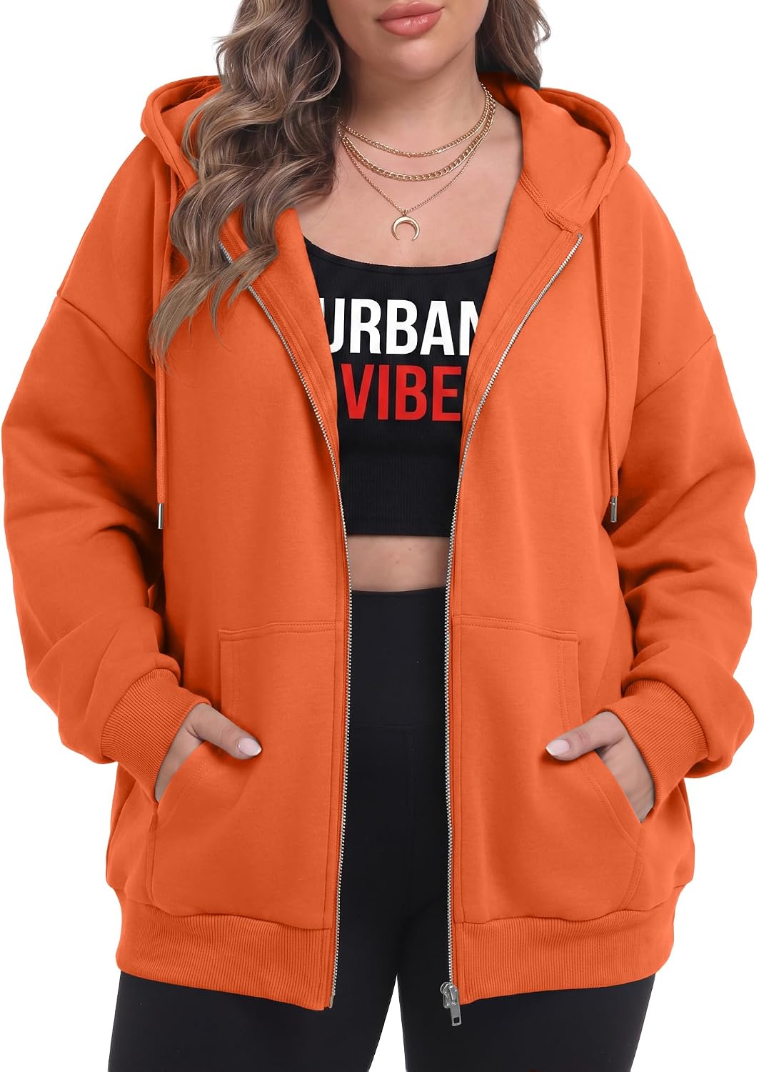 OLRIK Women's Plus Size Zip Up Hoodie 2026 Fall Jacket Casual Sweatshirt | 60% Cotton, Thick Fabric, Lightweight Fleece-Lined, Cozy Oversized Jacket, Drop Shoulder, Kangaroo Pockets, Machine Washable