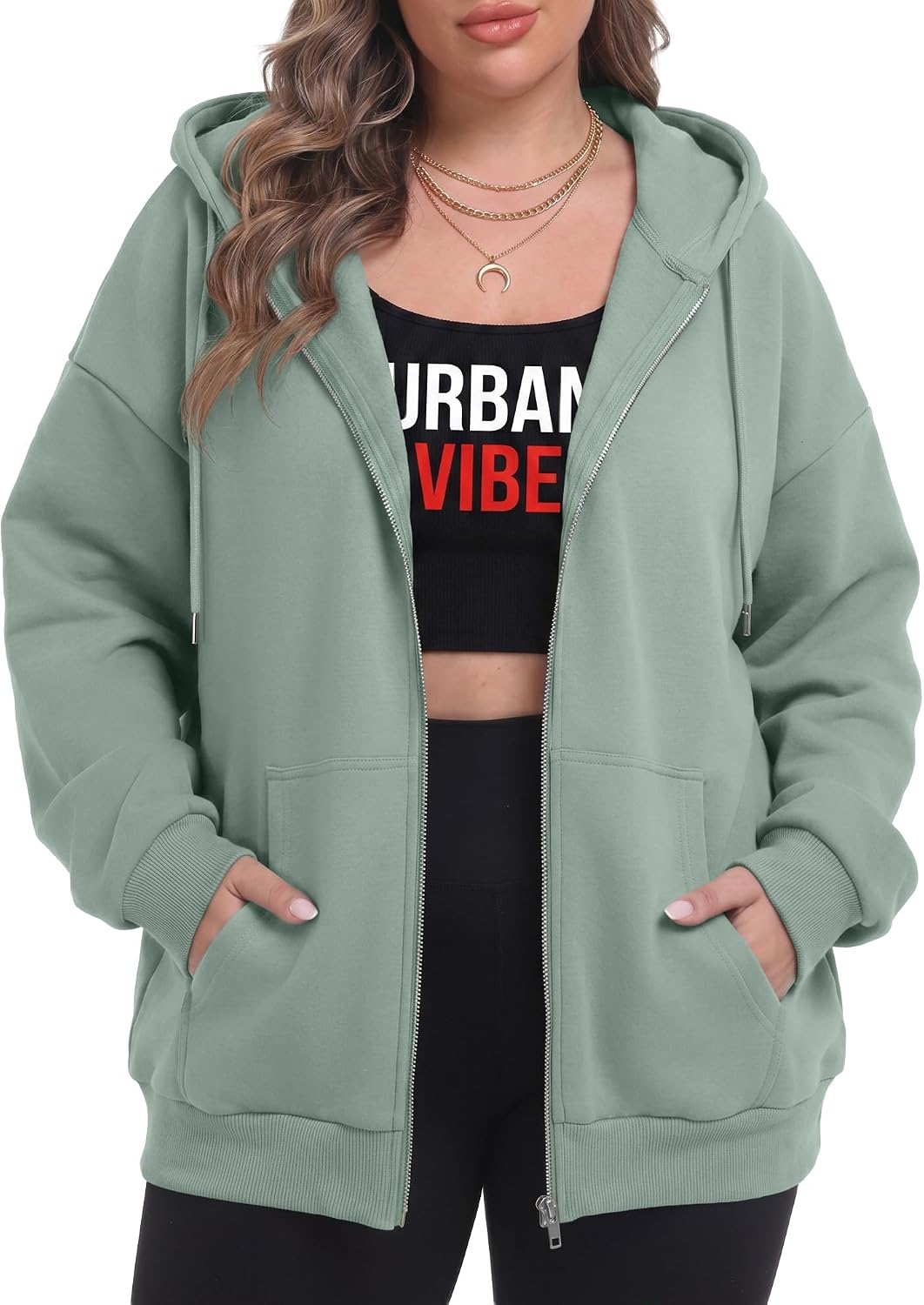 OLRIK Women's Plus Size Zip Up Hoodie 2026 Fall Jacket Casual Sweatshirt | 60% Cotton, Thick Fabric, Lightweight Fleece-Lined, Cozy Oversized Jacket, Drop Shoulder, Kangaroo Pockets, Machine Washable