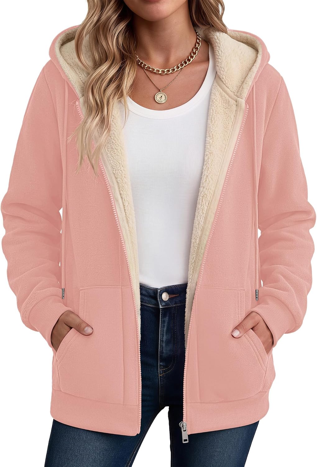 Zeagoo Women Sherpa Fleece Jacket Zip Up Thick Warm Hoodie Fall Winter Coat | Comfy Fleece Lined,Long Sleeve Full-Zip Jacket,Drawstring Hooded, Kangaroo Pocket,Casual Winter Outerwear Coat