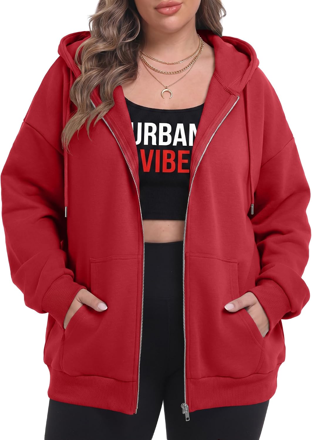 OLRIK Women's Plus Size Zip Up Hoodie 2026 Fall Jacket Casual Sweatshirt | 60% Cotton, Thick Fabric, Lightweight Fleece-Lined, Cozy Oversized Jacket, Drop Shoulder, Kangaroo Pockets, Machine Washable