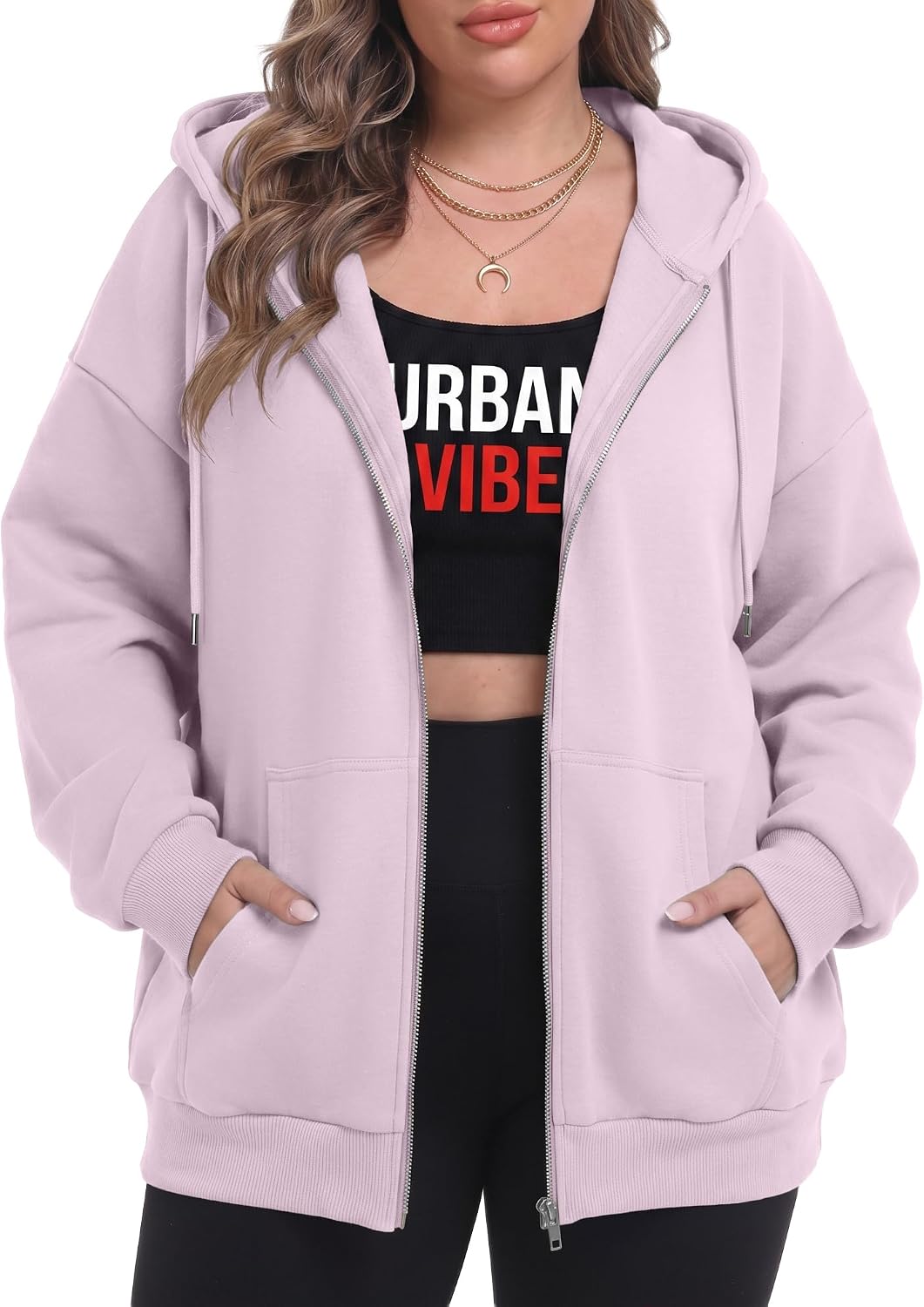 OLRIK Women's Plus Size Zip Up Hoodie 2026 Fall Jacket Casual Sweatshirt | 60% Cotton, Thick Fabric, Lightweight Fleece-Lined, Cozy Oversized Jacket, Drop Shoulder, Kangaroo Pockets, Machine Washable