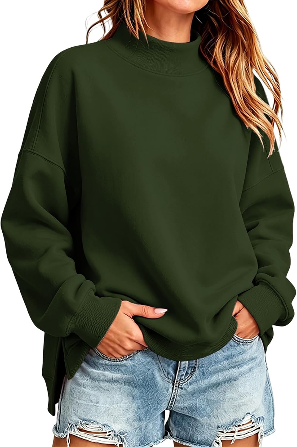 Womens Oversized Mock Neck Sweatshirt Side Split Clothes | Pullover Long Sleeve Turtleneck Fleece Sweatshirts Plus Size Solid Color Soft Fall Winter Lounge Going Out Daily Outfits