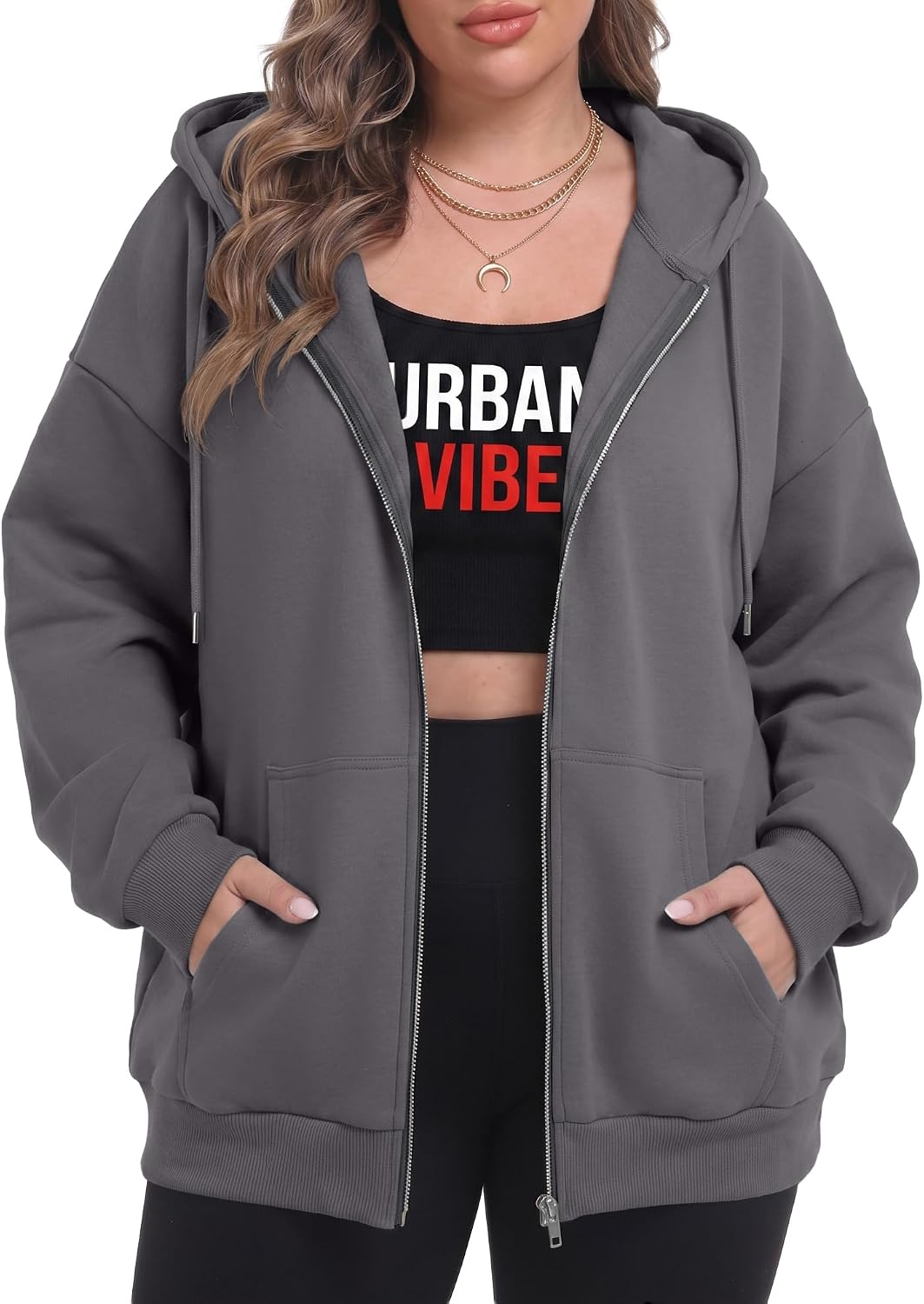 OLRIK Women's Plus Size Zip Up Hoodie 2026 Fall Jacket Casual Sweatshirt | 60% Cotton, Thick Fabric, Lightweight Fleece-Lined, Cozy Oversized Jacket, Drop Shoulder, Kangaroo Pockets, Machine Washable