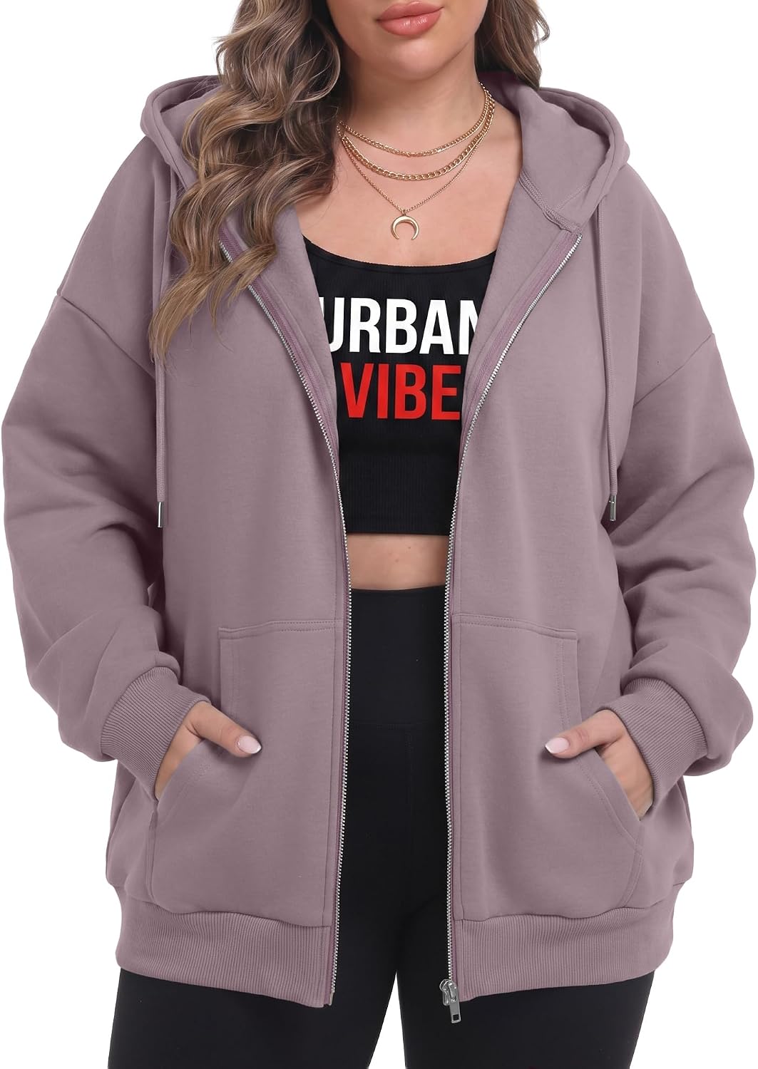 OLRIK Women's Plus Size Zip Up Hoodie 2026 Fall Jacket Casual Sweatshirt | 60% Cotton, Thick Fabric, Lightweight Fleece-Lined, Cozy Oversized Jacket, Drop Shoulder, Kangaroo Pockets, Machine Washable