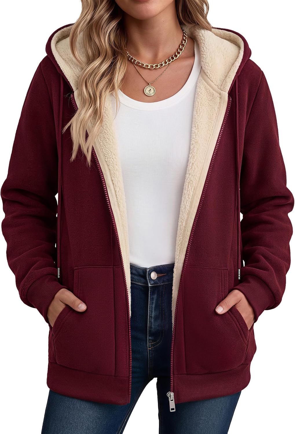 Zeagoo Women Sherpa Fleece Jacket Zip Up Thick Warm Hoodie Fall Winter Coat | Comfy Fleece Lined,Long Sleeve Full-Zip Jacket,Drawstring Hooded, Kangaroo Pocket,Casual Winter Outerwear Coat