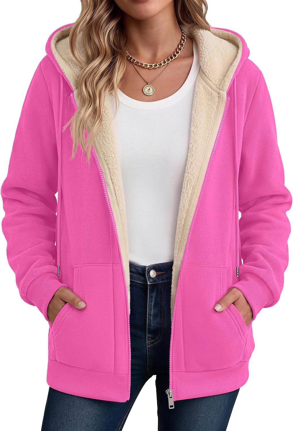Zeagoo Women Sherpa Fleece Jacket Zip Up Thick Warm Hoodie Fall Winter Coat | Comfy Fleece Lined,Long Sleeve Full-Zip Jacket,Drawstring Hooded, Kangaroo Pocket,Casual Winter Outerwear Coat