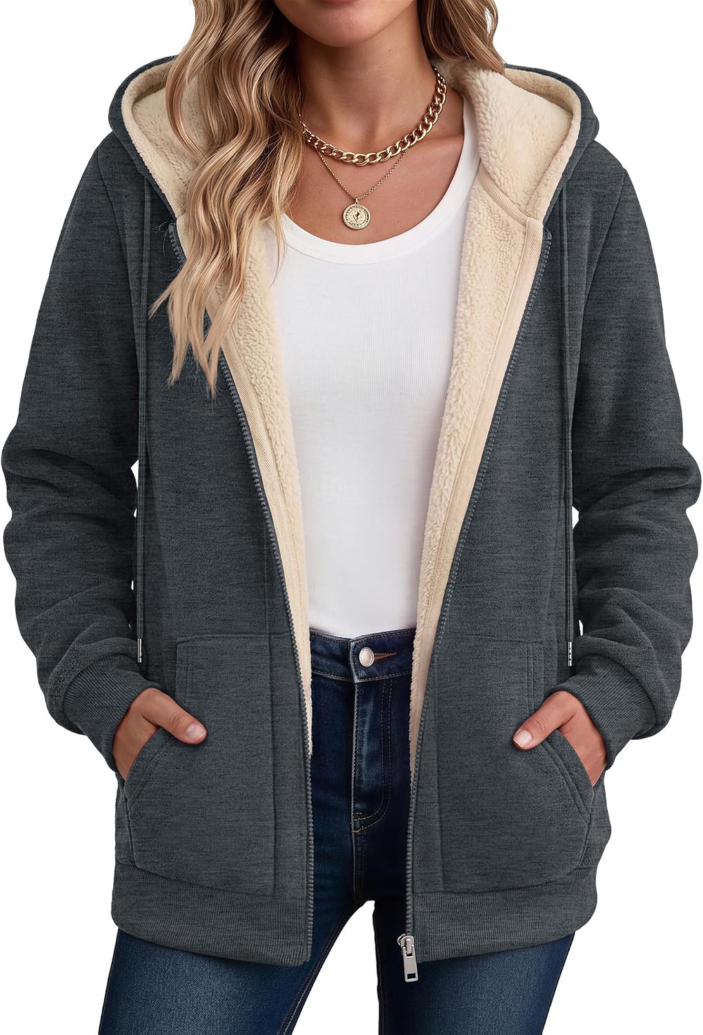 Zeagoo Women Sherpa Fleece Jacket Zip Up Thick Warm Hoodie Fall Winter Coat | Comfy Fleece Lined,Long Sleeve Full-Zip Jacket,Drawstring Hooded, Kangaroo Pocket,Casual Winter Outerwear Coat