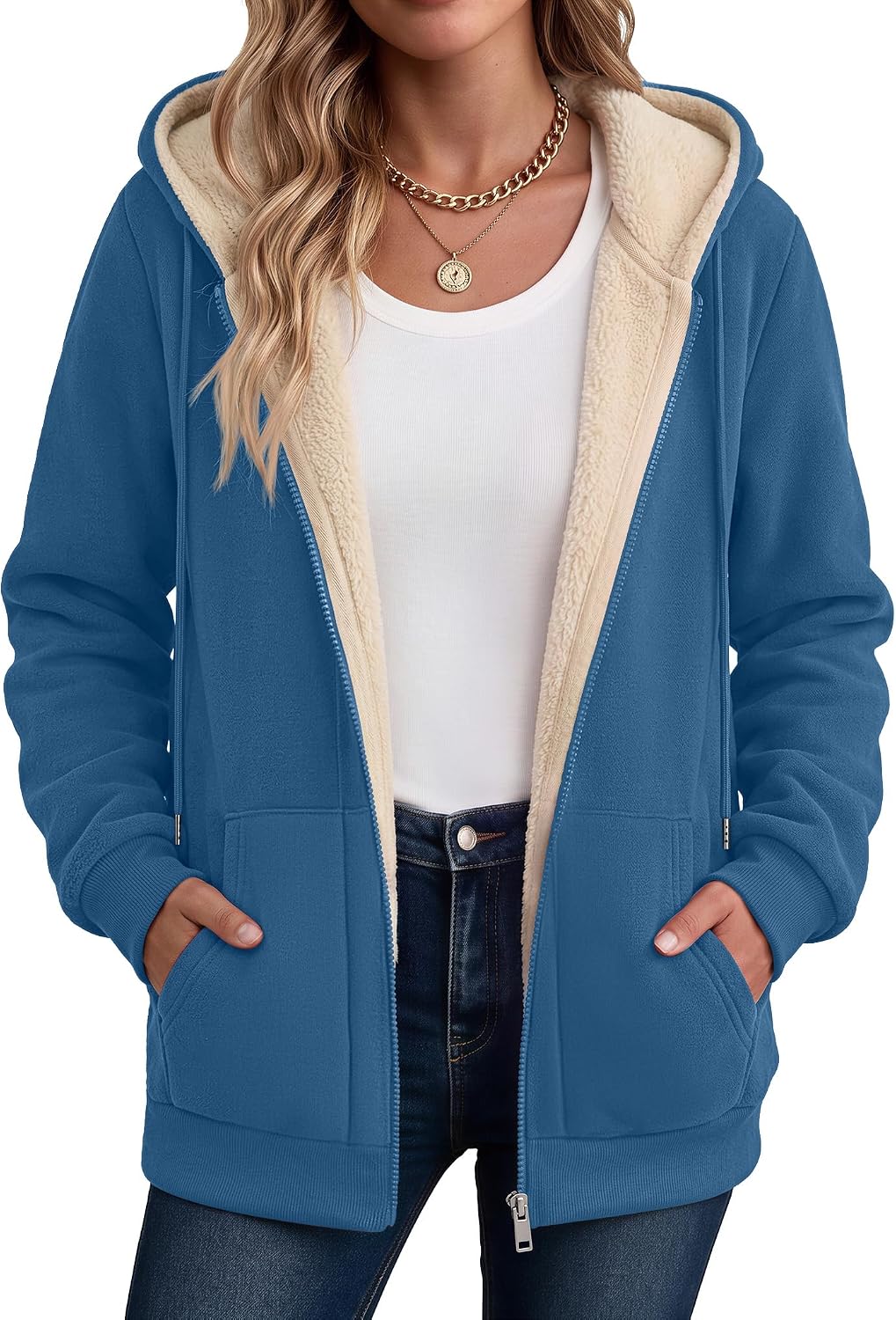 Zeagoo Women Sherpa Fleece Jacket Zip Up Thick Warm Hoodie Fall Winter Coat | Comfy Fleece Lined,Long Sleeve Full-Zip Jacket,Drawstring Hooded, Kangaroo Pocket,Casual Winter Outerwear Coat