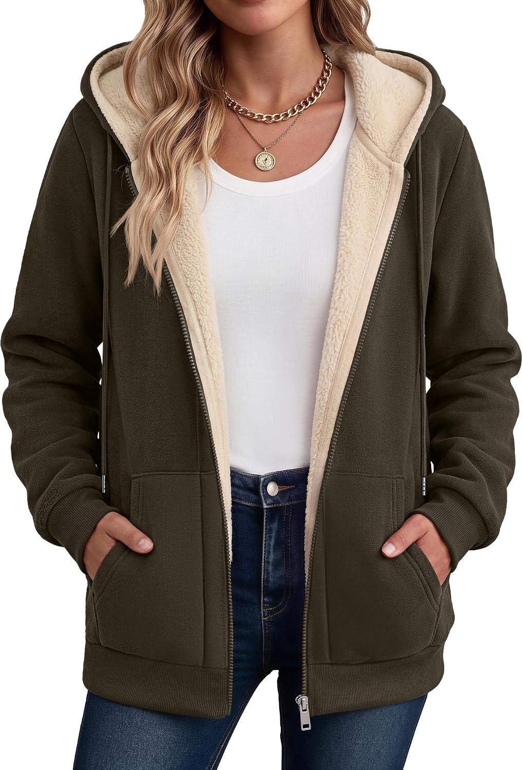 Zeagoo Women Sherpa Fleece Jacket Zip Up Thick Warm Hoodie Fall Winter Coat | Comfy Fleece Lined,Long Sleeve Full-Zip Jacket,Drawstring Hooded, Kangaroo Pocket,Casual Winter Outerwear Coat