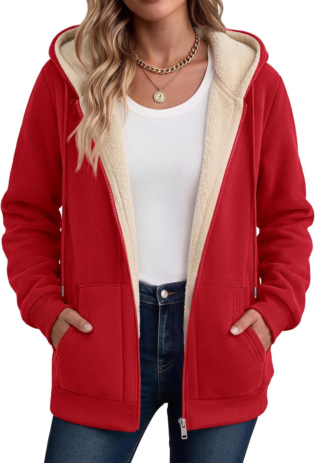 Zeagoo Women Sherpa Fleece Jacket Zip Up Thick Warm Hoodie Fall Winter Coat | Comfy Fleece Lined,Long Sleeve Full-Zip Jacket,Drawstring Hooded, Kangaroo Pocket,Casual Winter Outerwear Coat