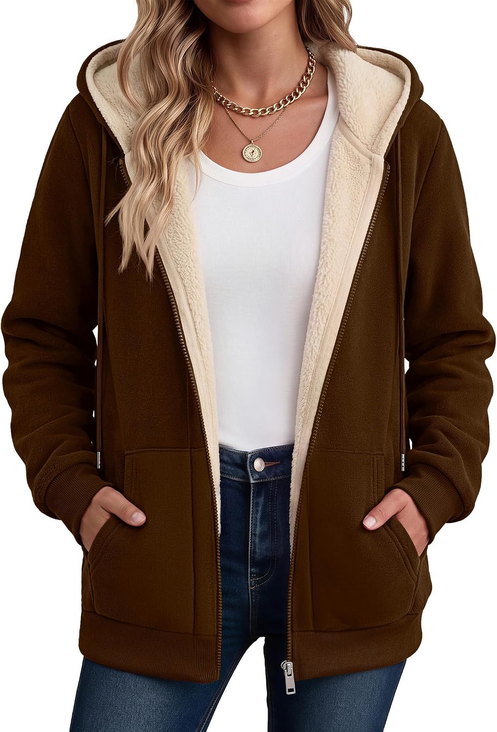 Zeagoo Women Sherpa Fleece Jacket Zip Up Thick Warm Hoodie Fall Winter Coat | Comfy Fleece Lined,Long Sleeve Full-Zip Jacket,Drawstring Hooded, Kangaroo Pocket,Casual Winter Outerwear Coat