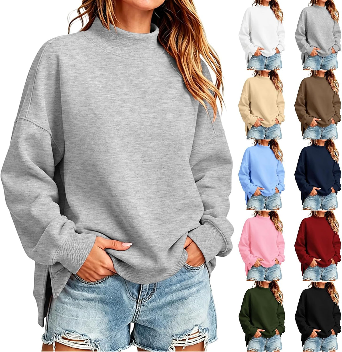 Womens Oversized Mock Neck Sweatshirt Side Split Clothes | Pullover Long Sleeve Turtleneck Fleece Sweatshirts Plus Size Solid Color Soft Fall Winter Lounge Going Out Daily Outfits