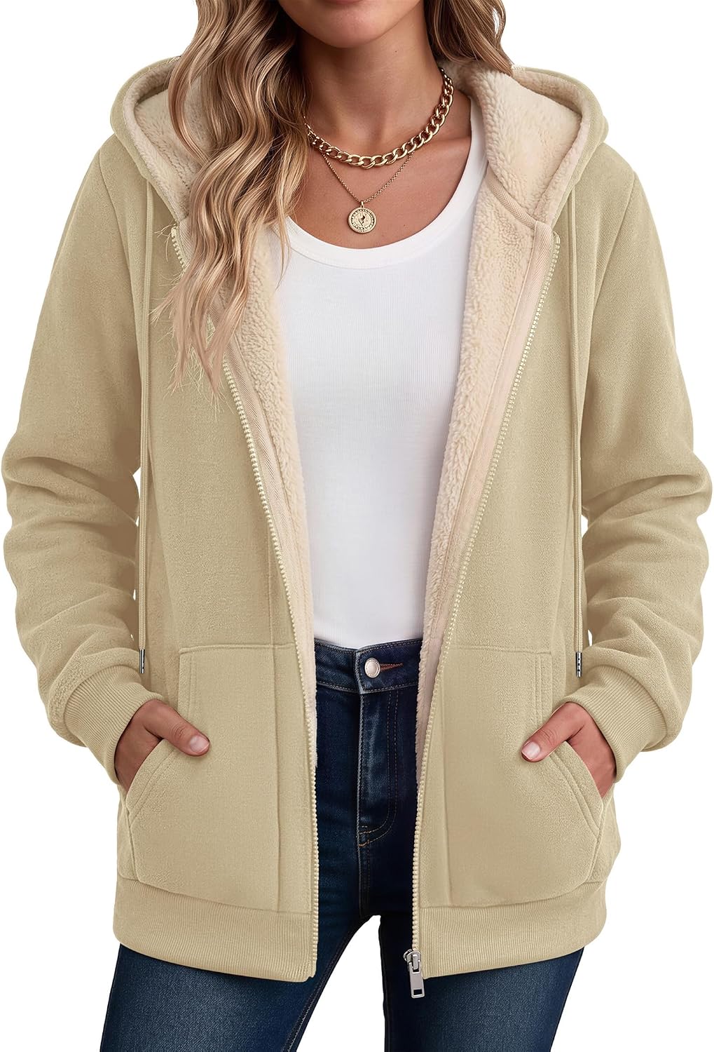 Zeagoo Women Sherpa Fleece Jacket Zip Up Thick Warm Hoodie Fall Winter Coat | Comfy Fleece Lined,Long Sleeve Full-Zip Jacket,Drawstring Hooded, Kangaroo Pocket,Casual Winter Outerwear Coat